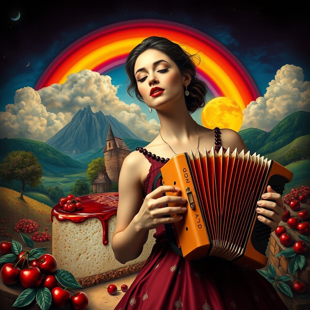 Surreal Village on Cheesecake with Singing Woman