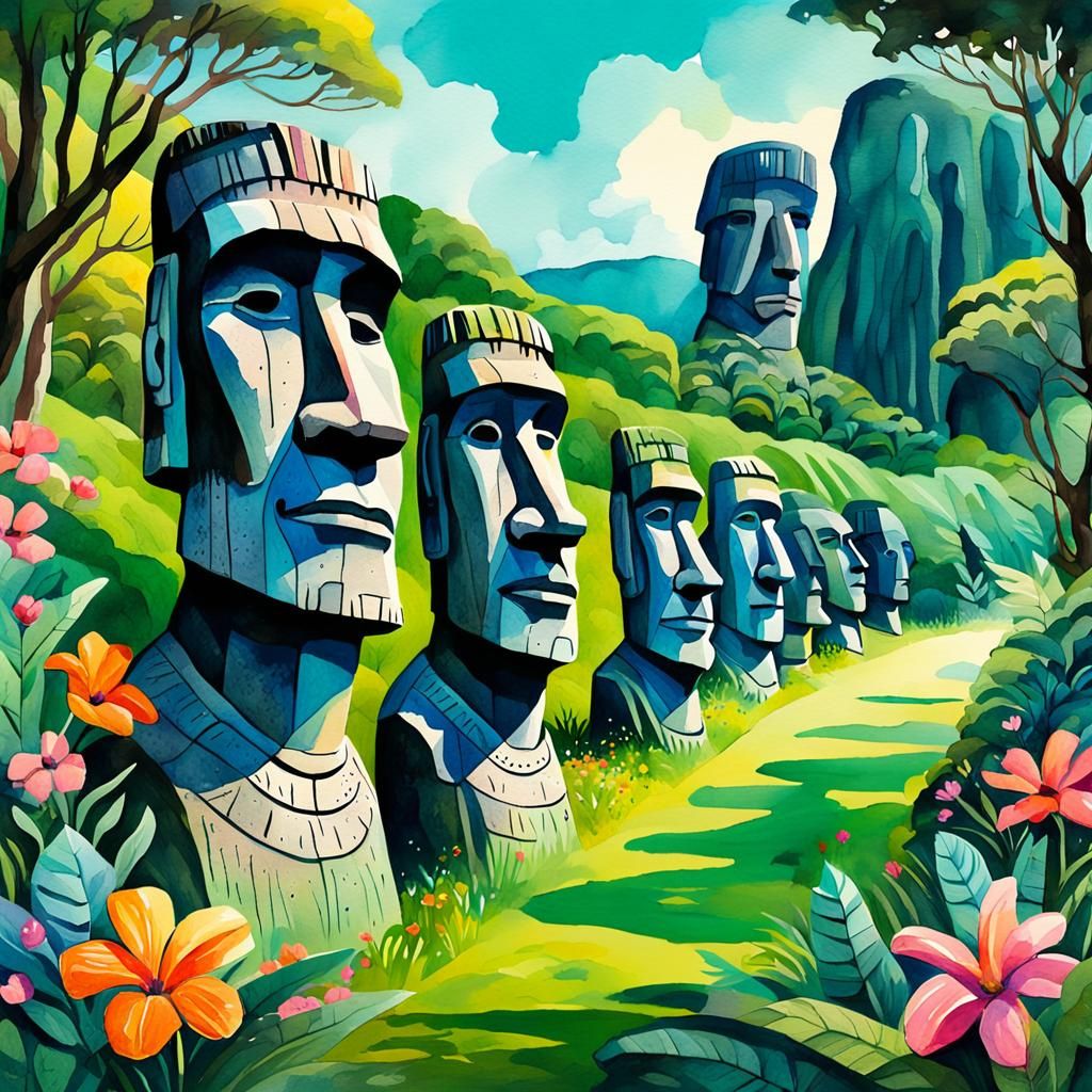 Easter Island Heads in Lush Watercolor Landscape