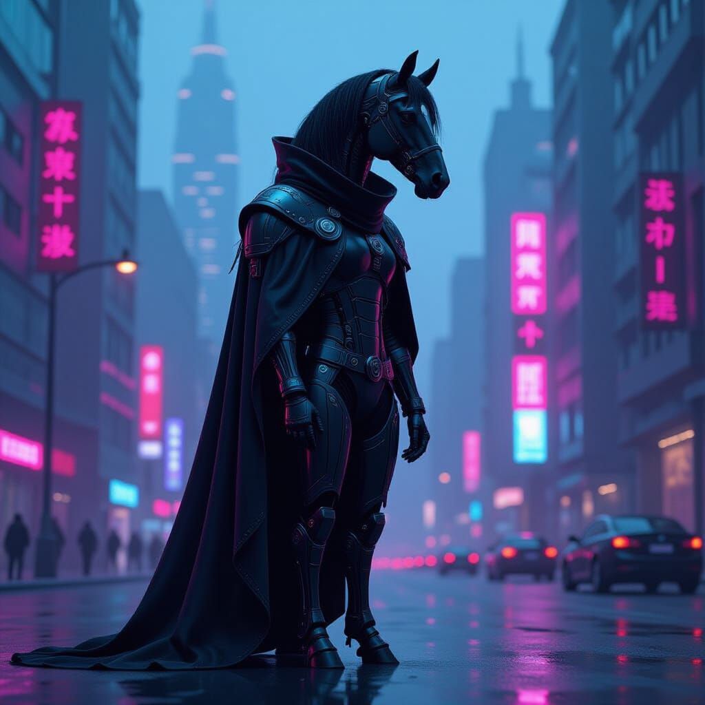Cybernetic Horse Silhouette in Neon Cityscape