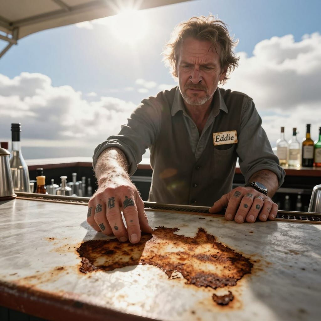 Bartender Eddie with Tattooed Knuckles and a Holy Glow