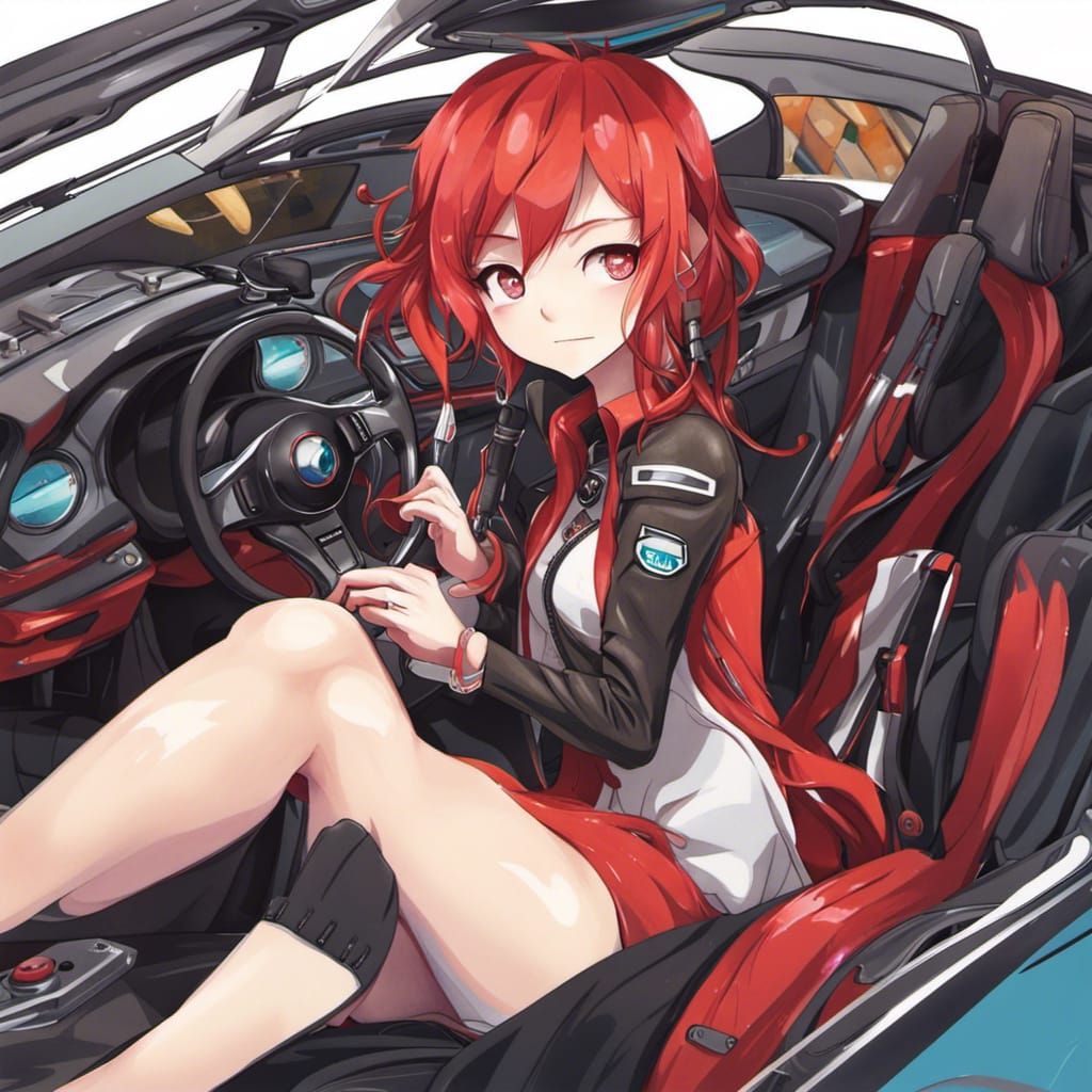 Red-Haired Girl with Supercar in Anime Style