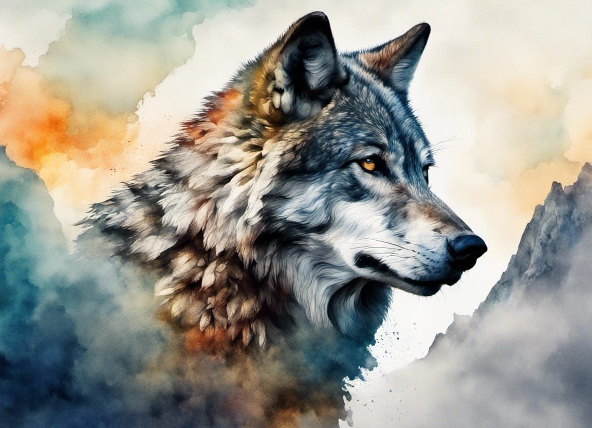 Wolf and Mountain Double Exposure Watercolor