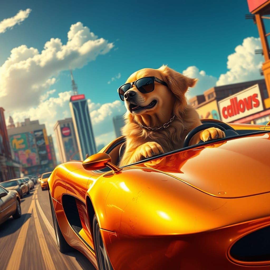 Golden Retriever Cruises City Streets in Sleek Sports Car