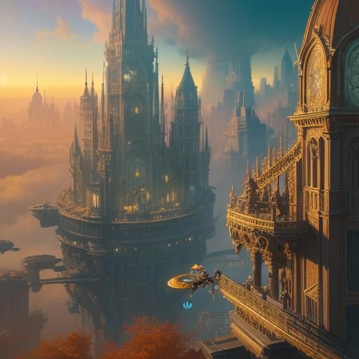 Magnifying Glass Illuminates Vibrant Cityscape in Art Nouvea...