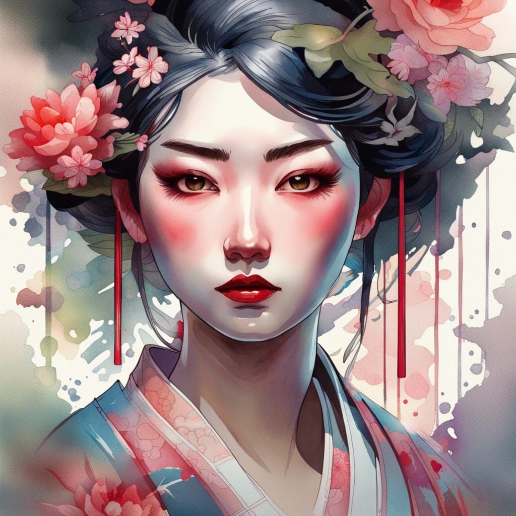 Detailed Geisha Portrait in Watercolour Splash Art