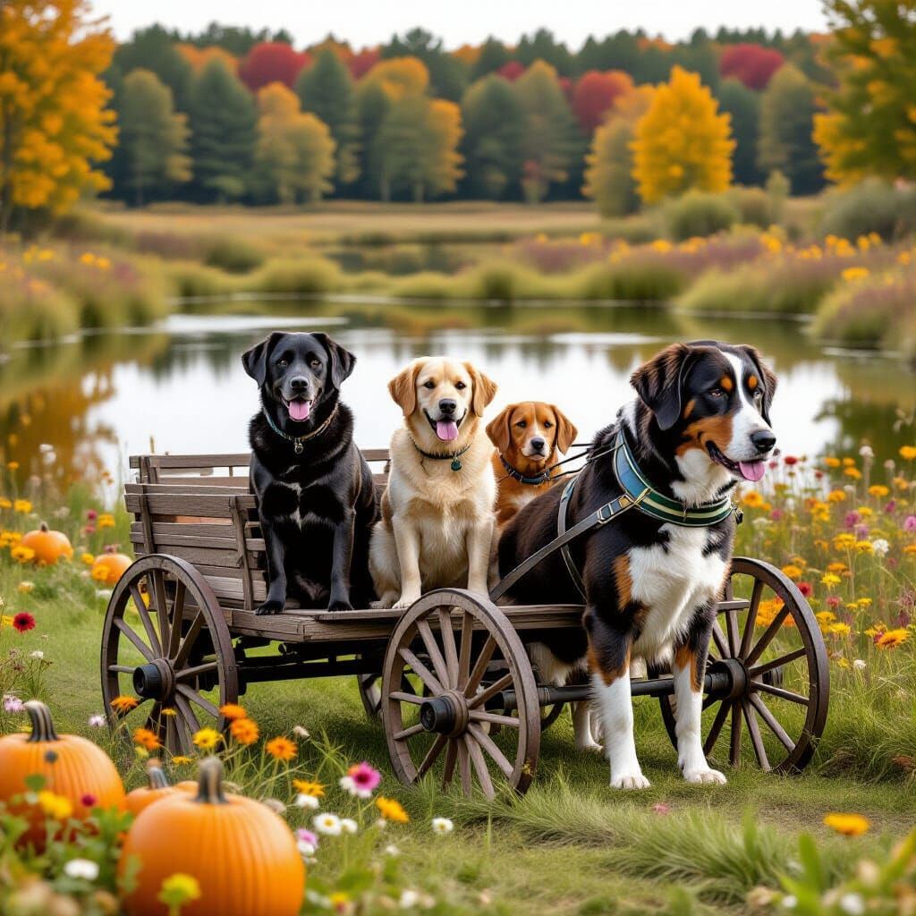 Dogs on Haywagon in Meadow, Photorealistic Style