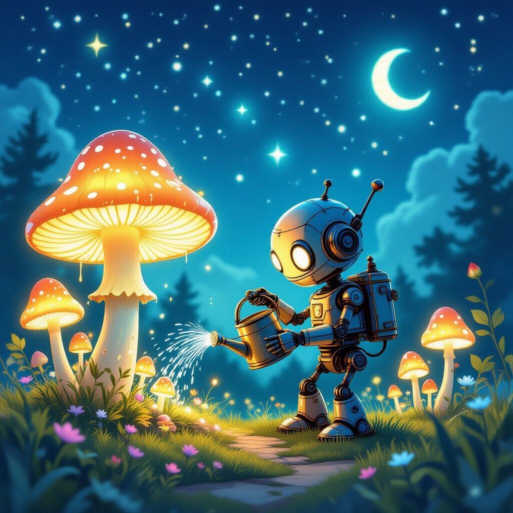 Clockwork Robot Tends Glowing Mushroom Garden Under Alien Sk...