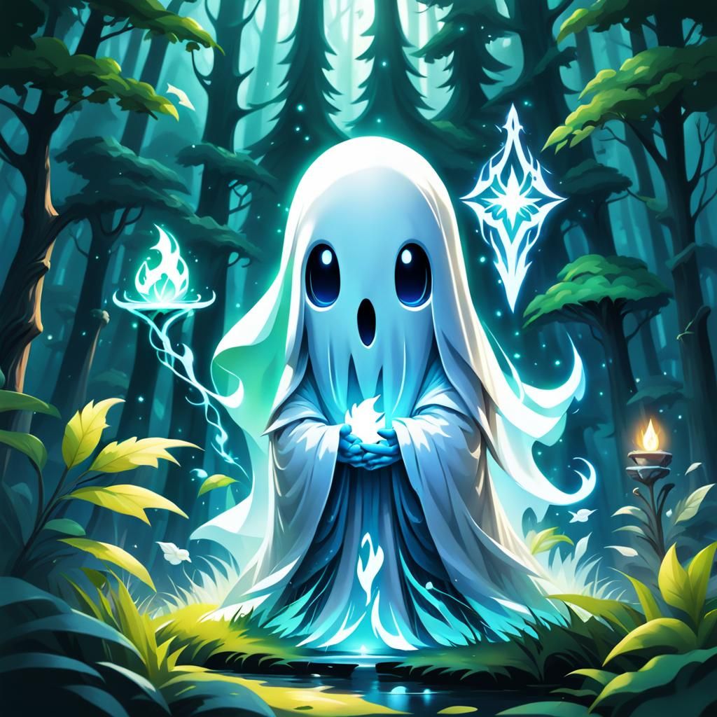 Charming White Ghost in Lush Forest: Fantasy Art