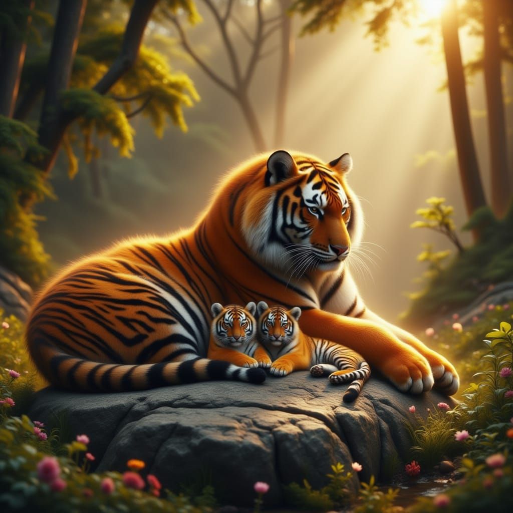 Majestic Tigress and Cubs in Sunlit Clearing