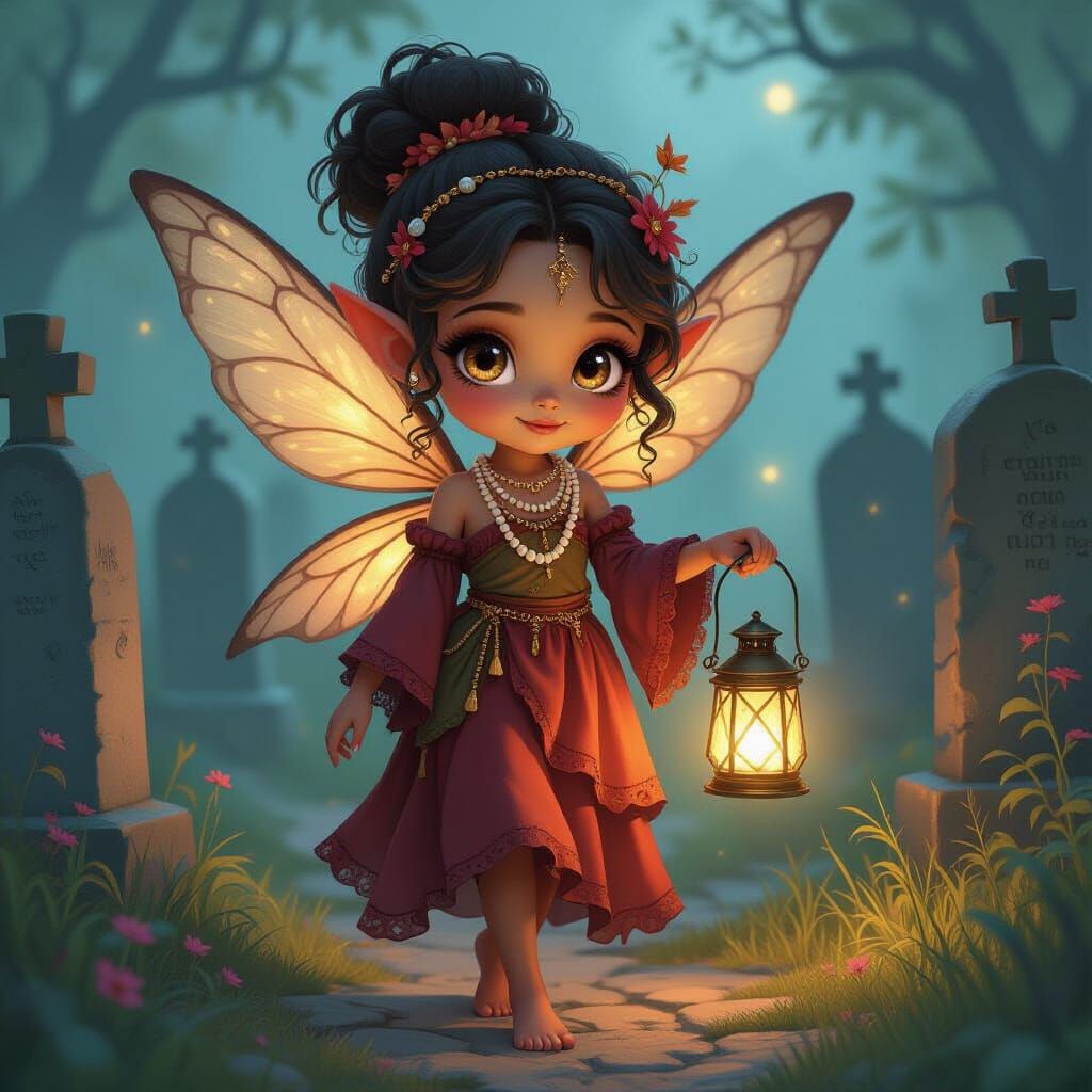 Cinnamon Fairy in Mystical Graveyard, Ethereal Illustration