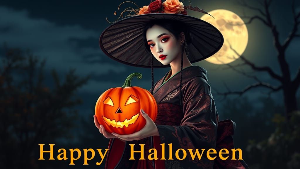Geisha Witch with Pumpkin in Hyperrealistic Style