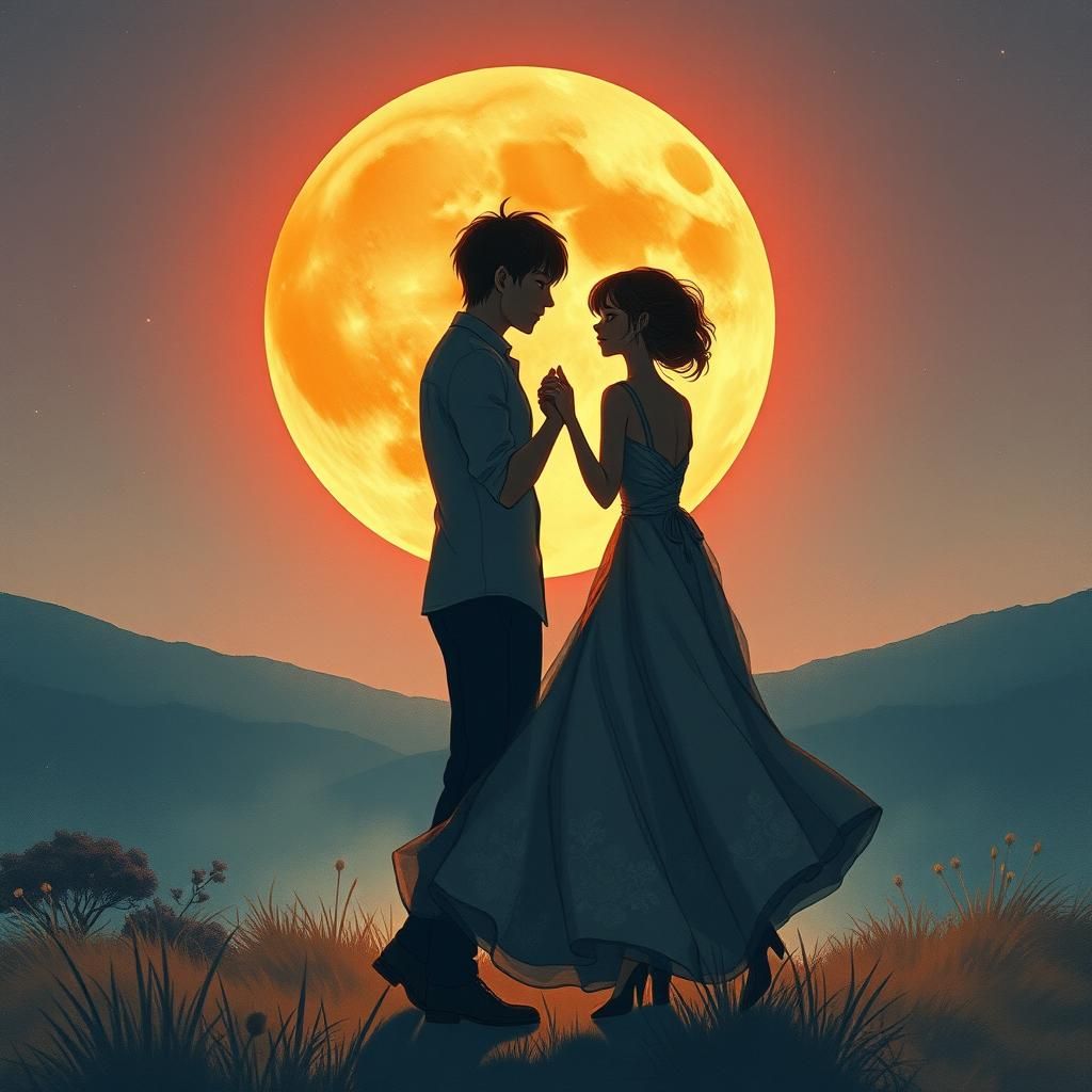 Romantic Waltz Under Moonlight in Watercolor Style