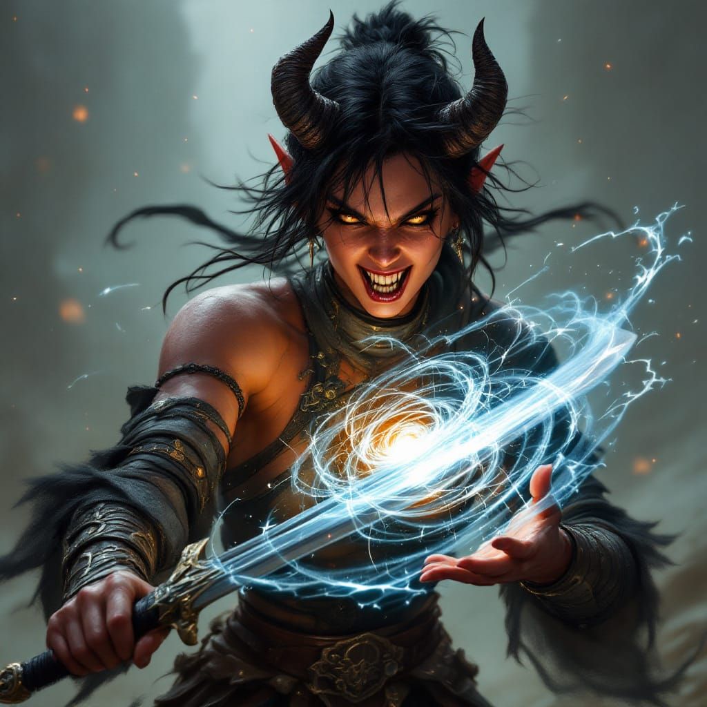 Tiefling Warrior with Sword and Magic in Fantasy Art
