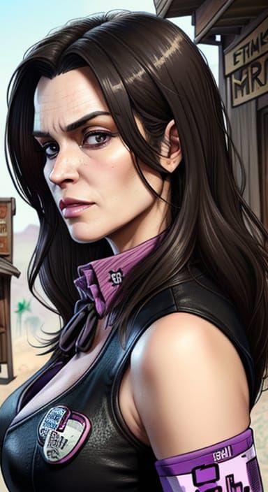 Lady in Fractal Comic Realism, Western Frontier Town Backgro...