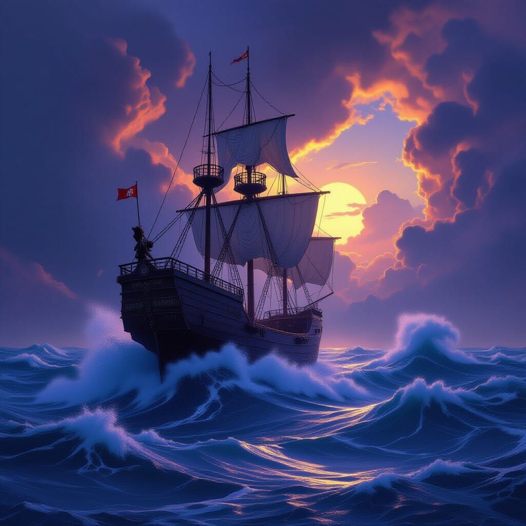 Ship Battles Stormy Gods in Dark Fantasy Art