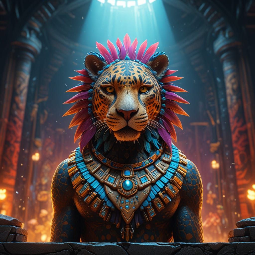 Aztec Jaguar God Ixalan in Vibrant, Hyperrealistic Matte Pai...