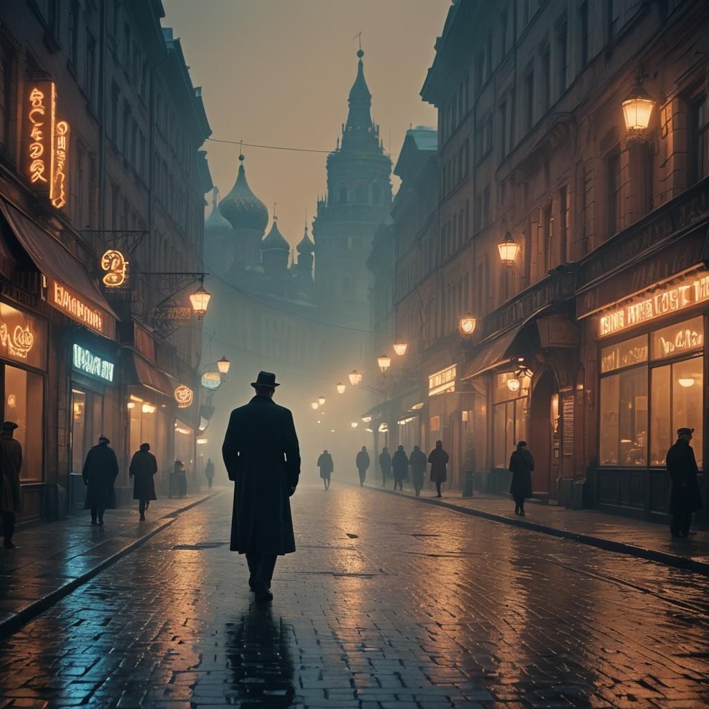 Moscow Street at Night in Noir Style