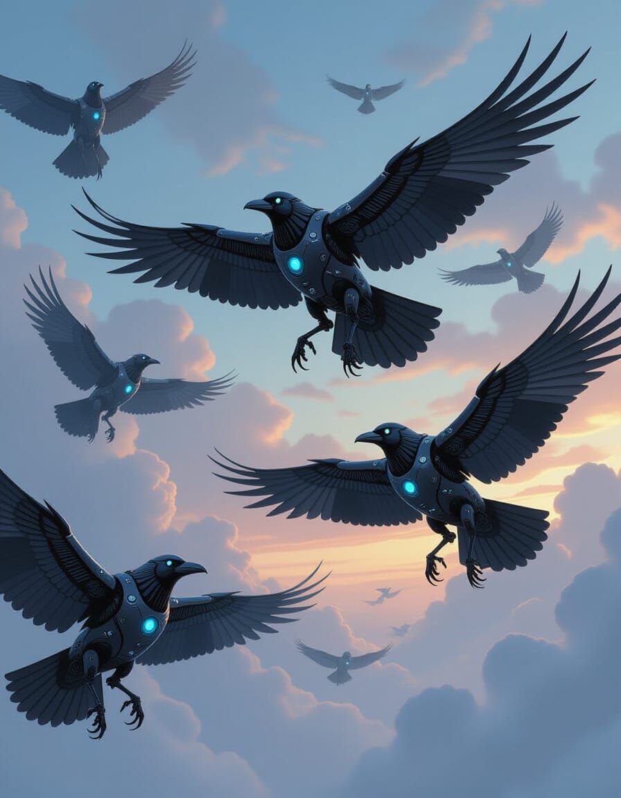 Robotic Ravens Soaring in Ethereal Twilight Sky