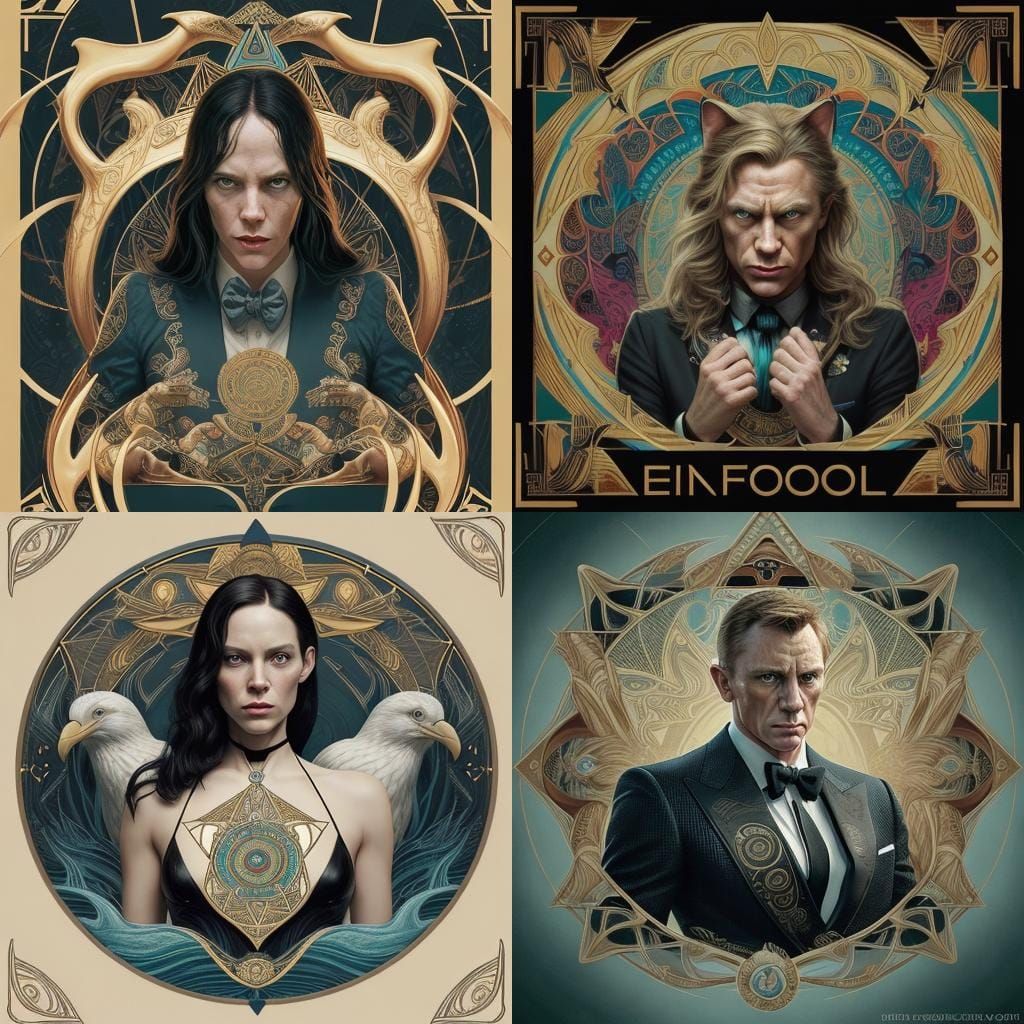 Art Deco Cat Portrait with Eagle Mandala