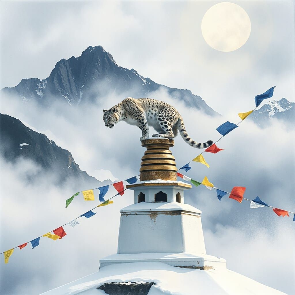 Snow Leopard on Stupa with Prayer Flags