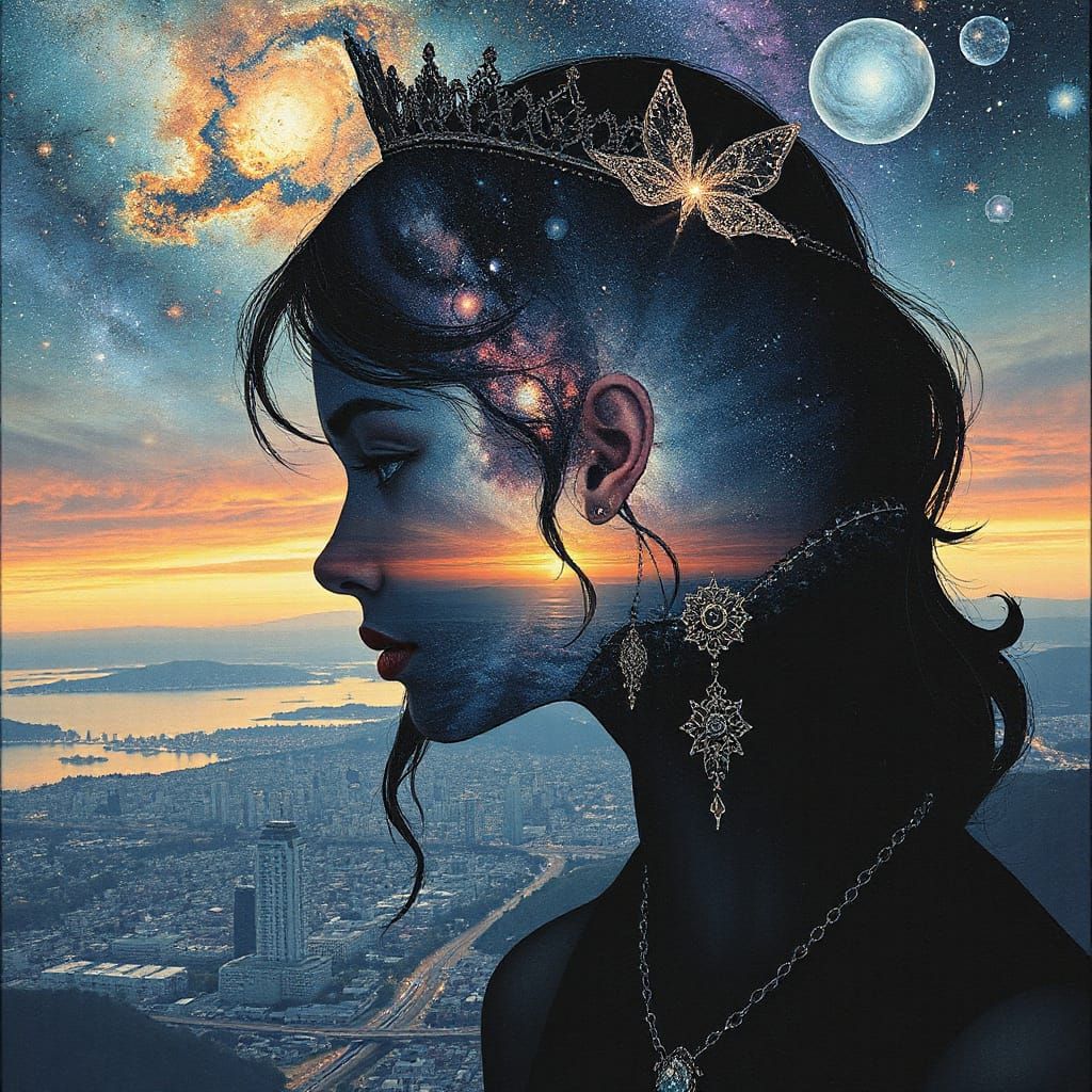 Galaxy Cityscape Princess Silhouette, Detailed Maximalist Ar...