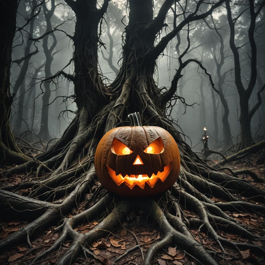 Eerie Jack O'Lantern in Dark Surrealist Forest