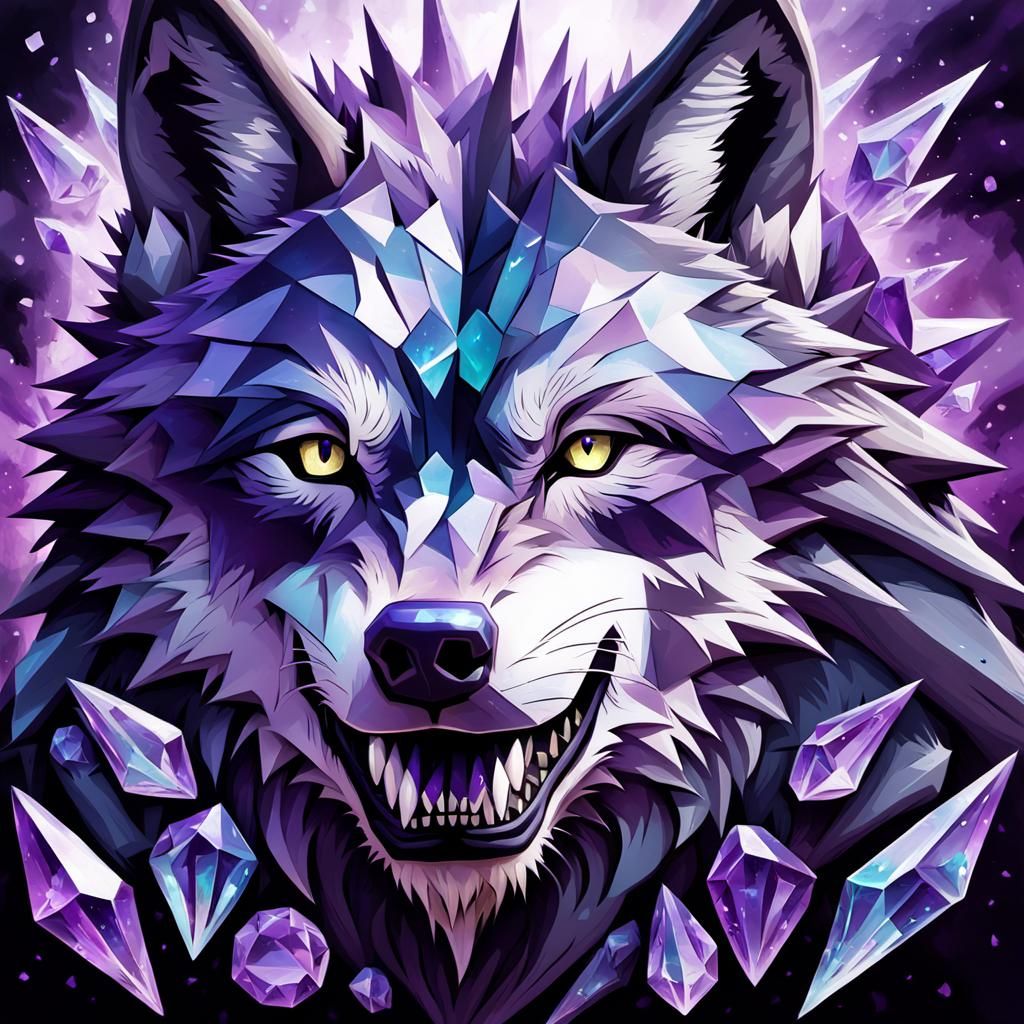 Wolf Head with Amethyst Crystals in Fantasy Art Style