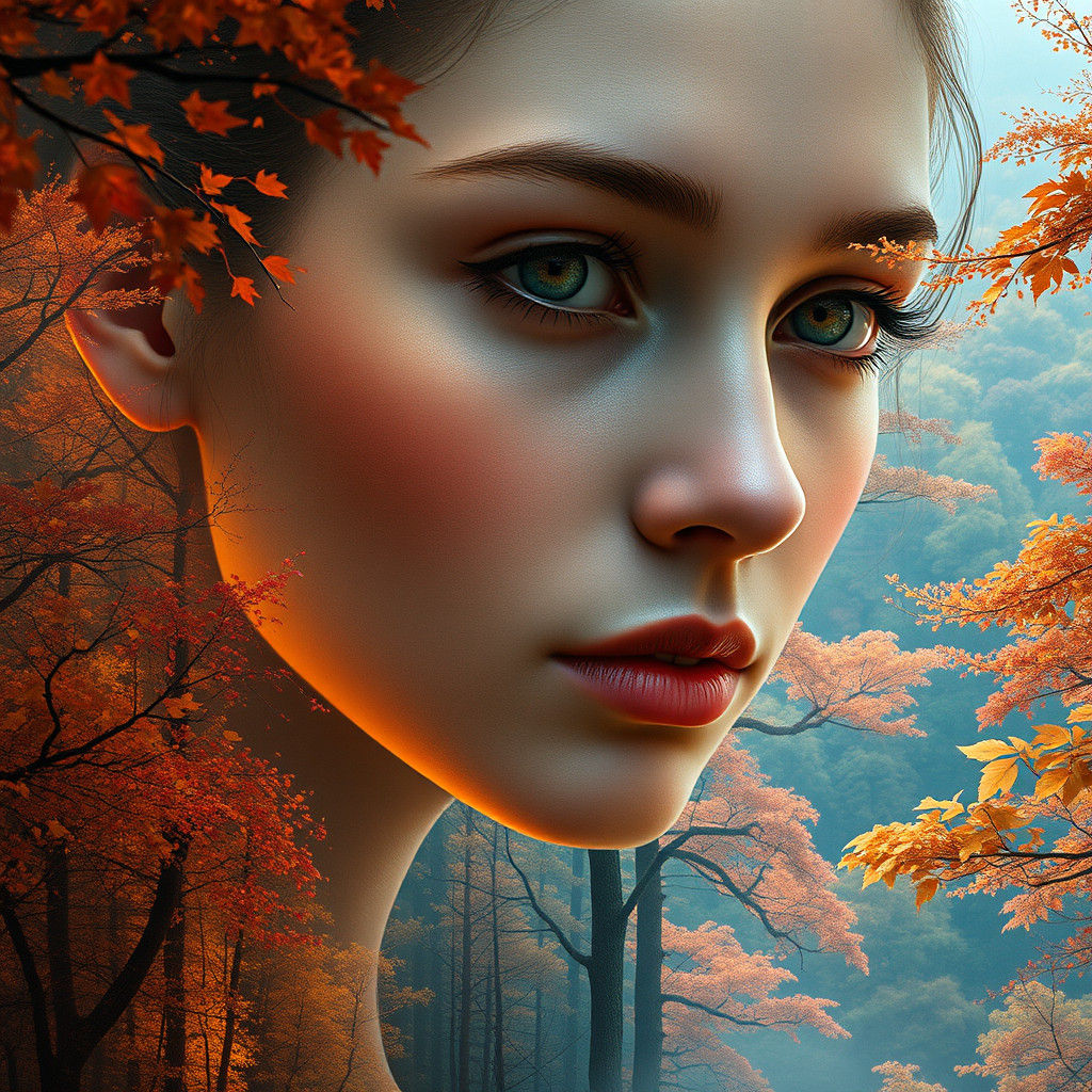 Dreamy Autumn Forestscape on Ethereal Female Face
