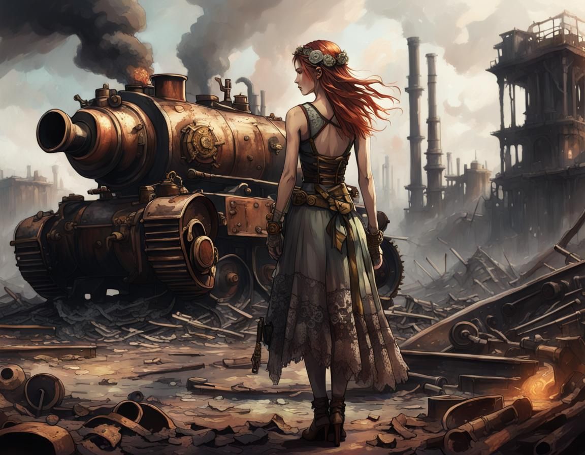 Girl Offers Flower to Steampunk Tank on Battlefield