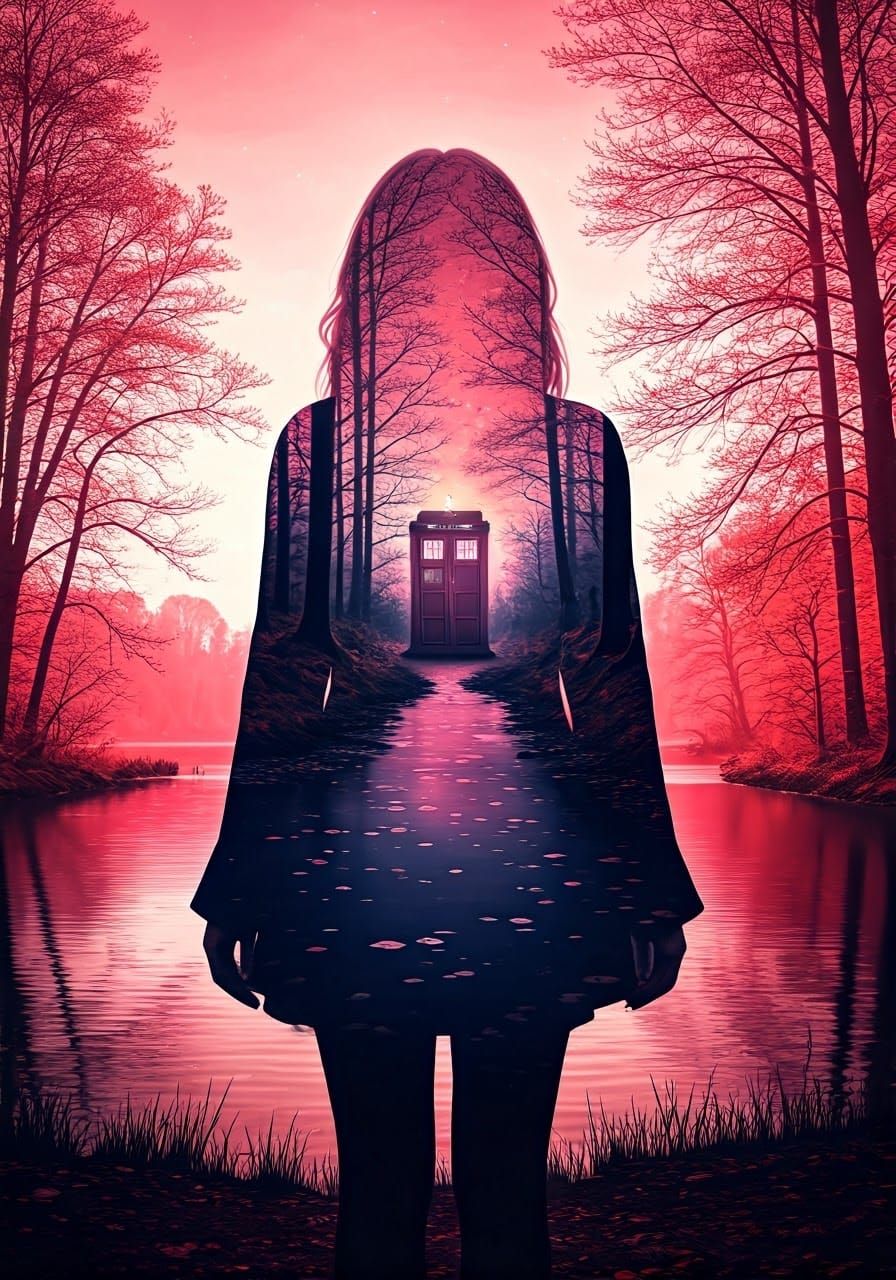 Dark Silhouette in Surreal Pink Forest Landscape