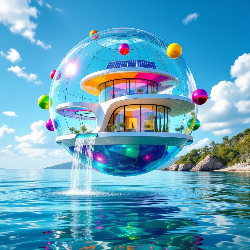 Psychedelic Futuristic House Levitating Over Water