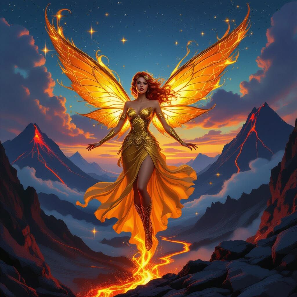 Fire Fairy Soaring Through Twilight Sky
