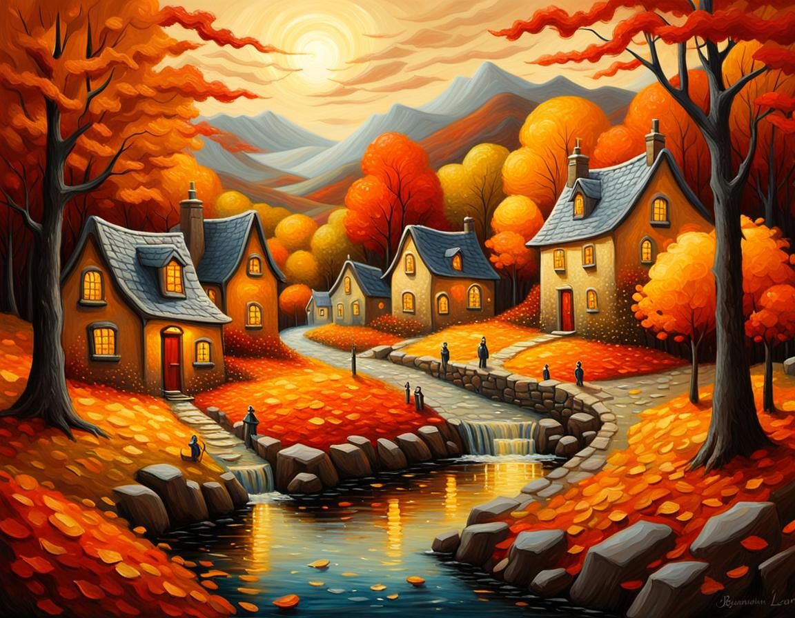 Autumn Village Scene as Impasto Painting