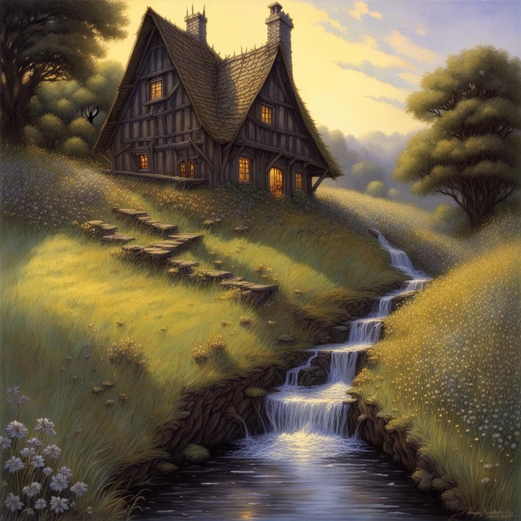 Suddenly a wide yellow beam flowed out brightly from a door... There was Tom Bombadil's house before them