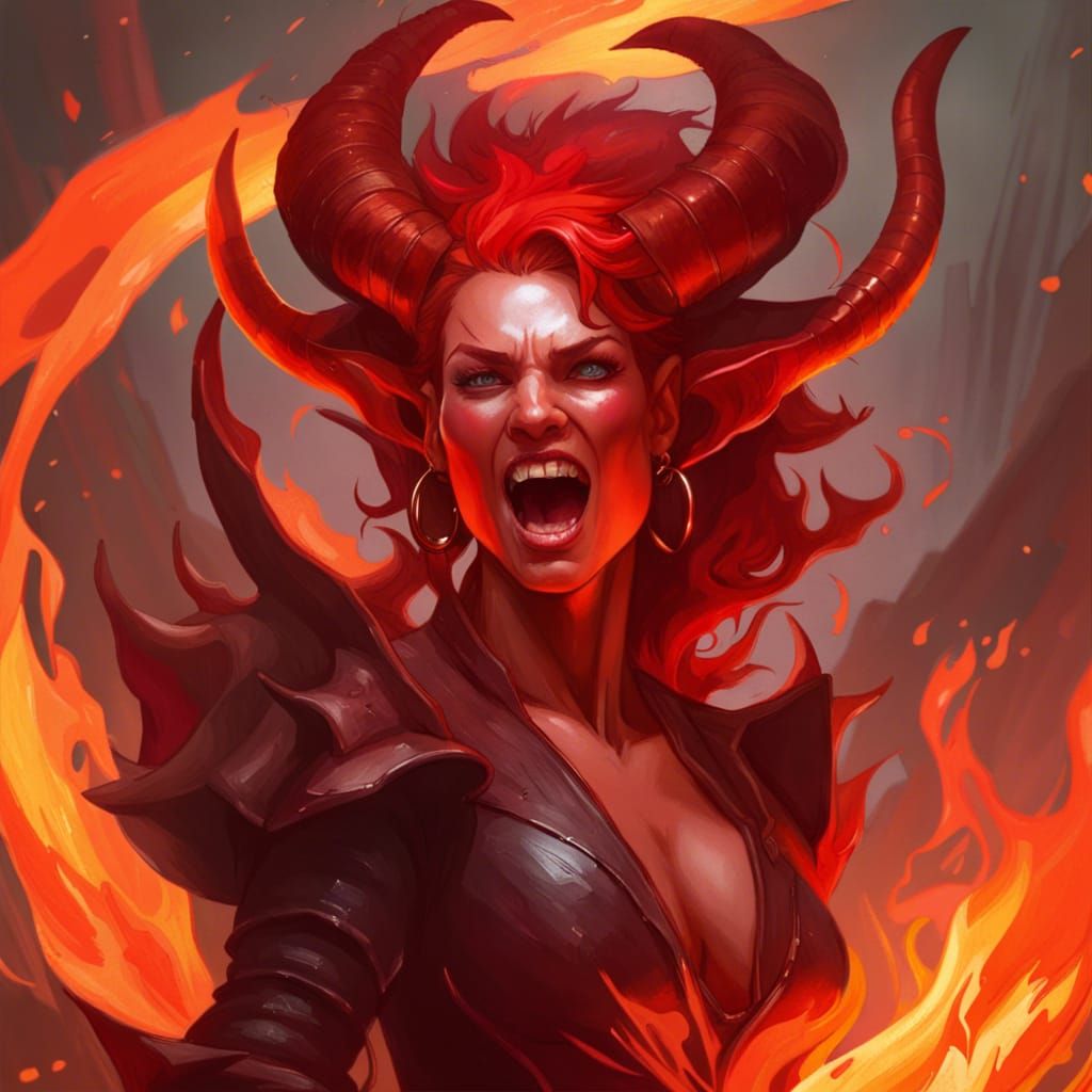 Fiery Tiefling Queen Portrait in Hyperdetailed Digital Art