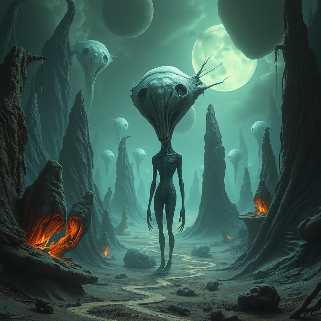 Surreal Landscape with Unsettling Humanoid Figures