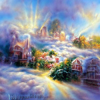 Golden Ethereal Nirvana Landscape in Kinkade Style