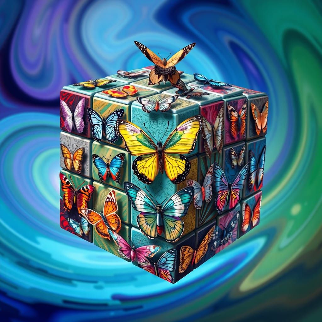Surreal Butterfly Cube in Dreamlike Style