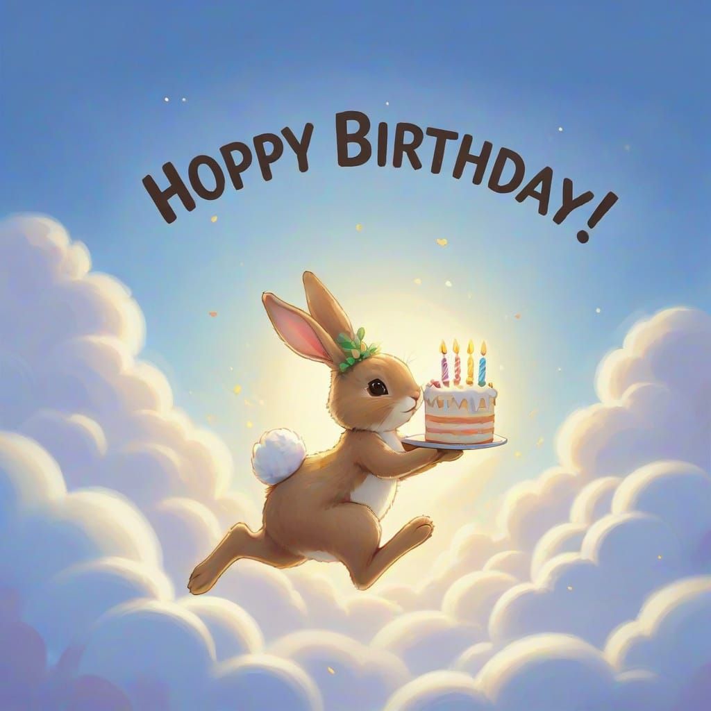 Cute Bunny Hops Through Clouds with Birthday Cake