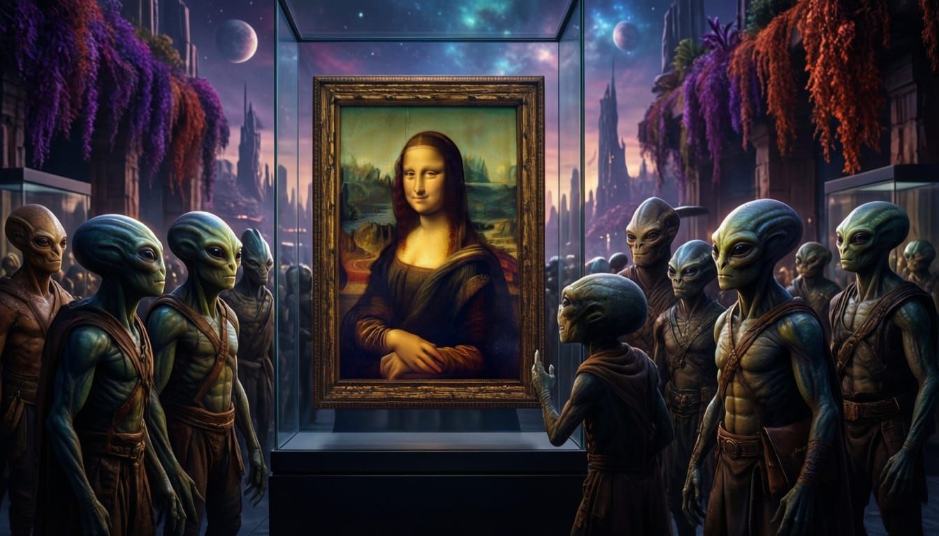 Aliens Admire Mona Lisa in Exotic Museum