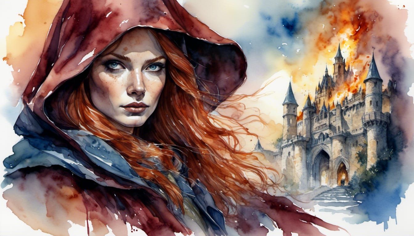 Fiery Redhead Sorceress in Watercolour Style