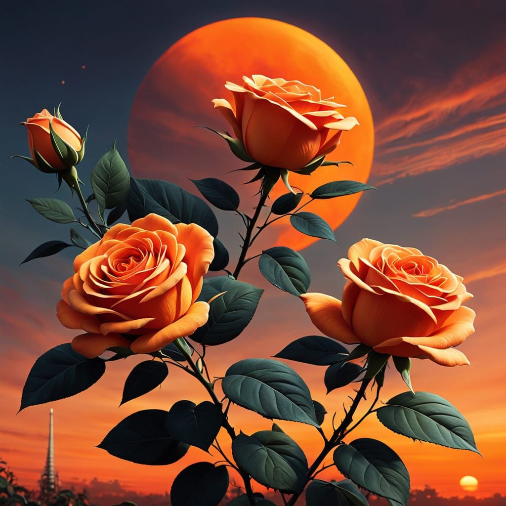 Retro Futurism Sunset With Orange Roses