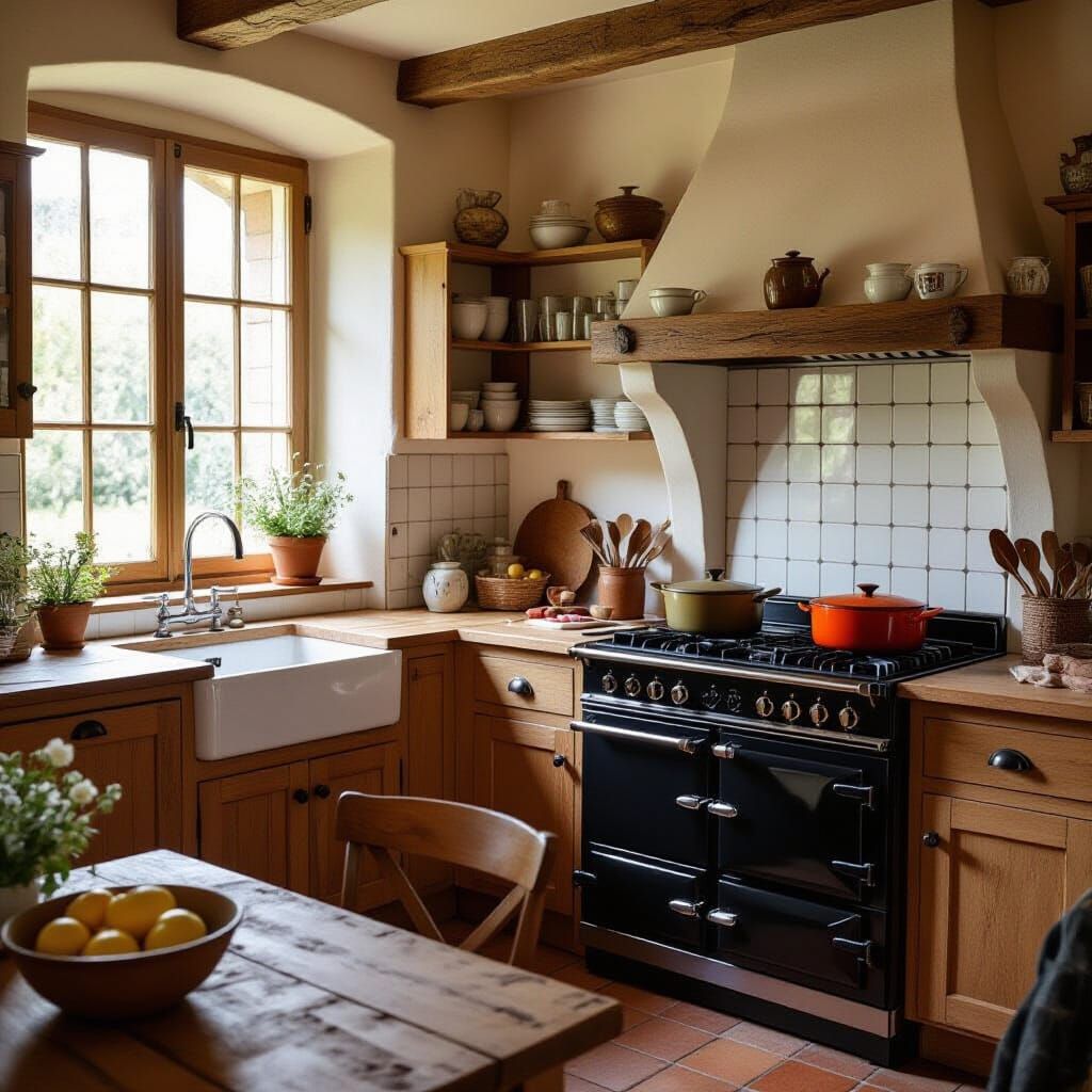 Rustic French Kitchen with Aga Stove in Impressionist Style