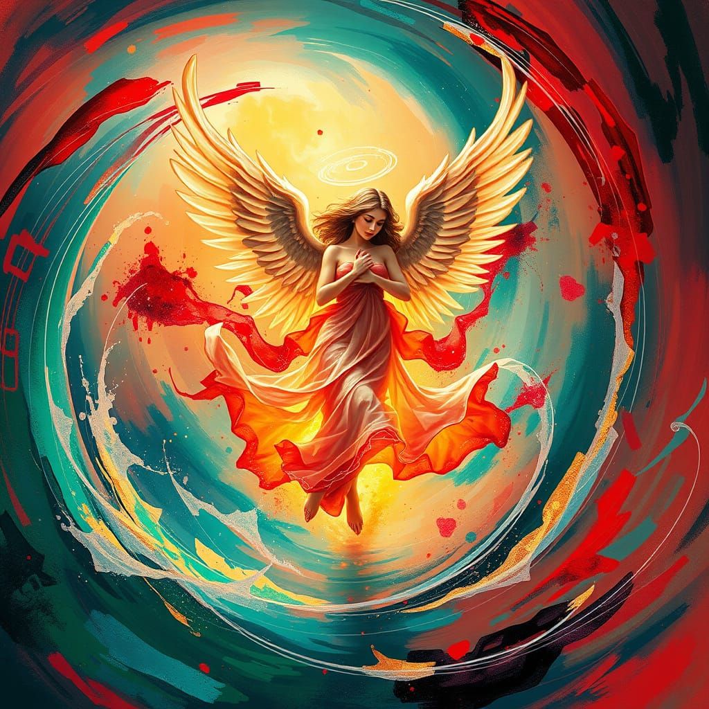 Angel Dances in Vibrant Water Vortex with Magical Aura