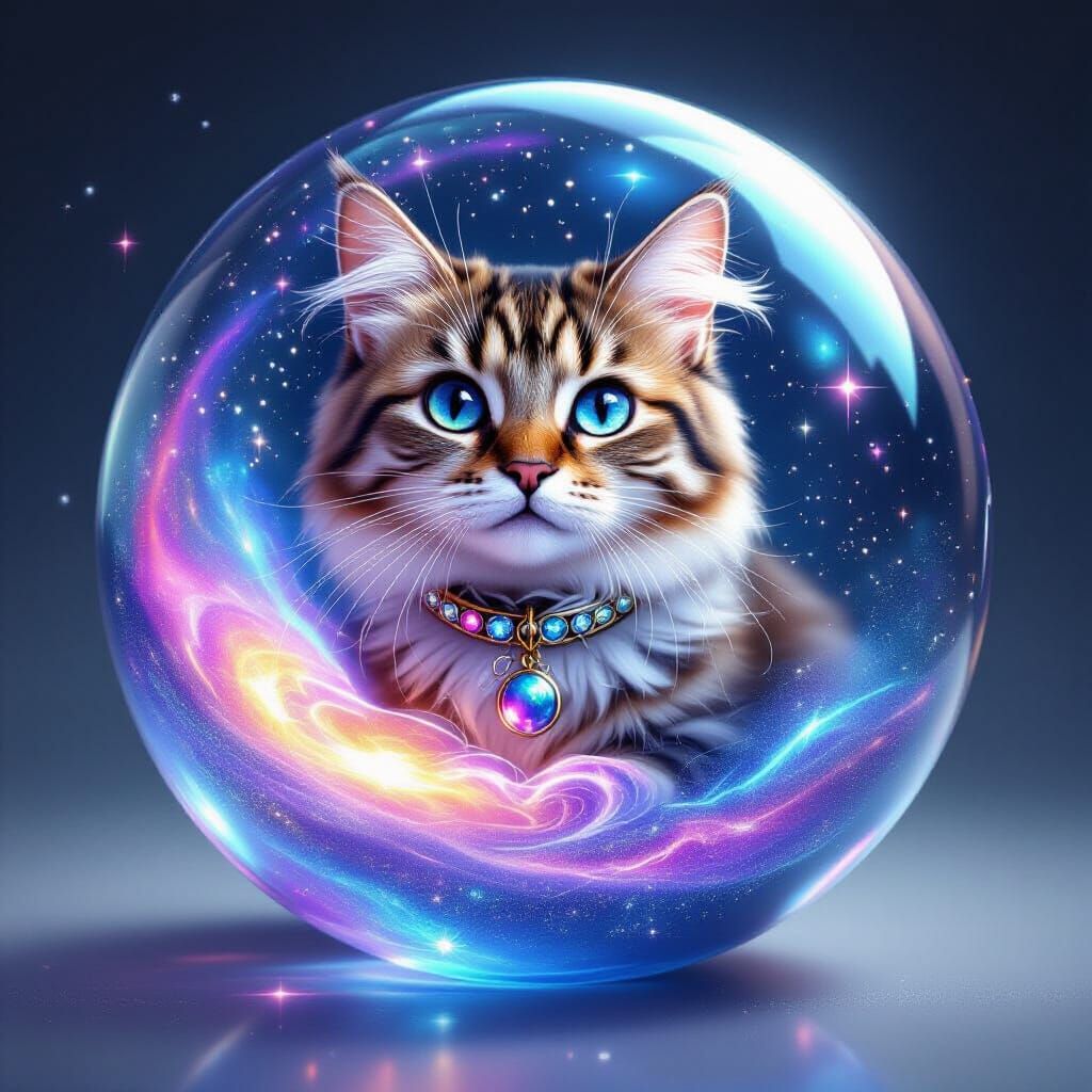 Cat Gazing into Galaxy Ball
