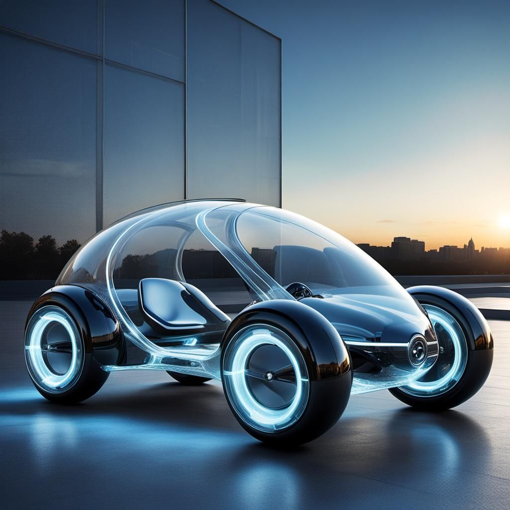 Futuristic Car with Transparent Body and Glowing Wheels