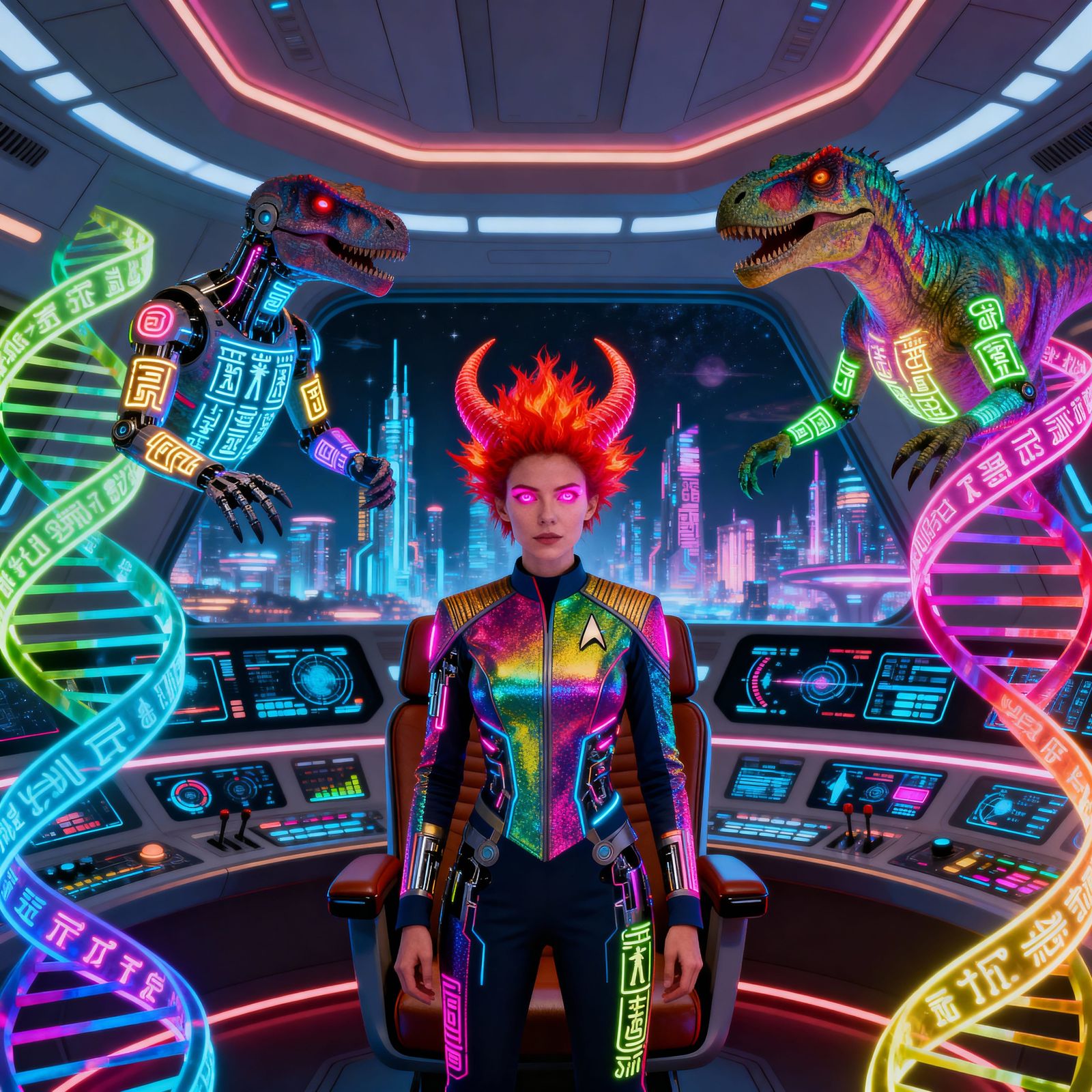 Cyberpunk Captain on Spaceship Bridge with Hybrid Officers