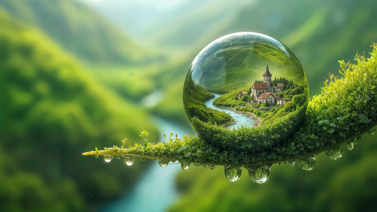 Hyperrealistic Dewdrop Miniature World Reflection