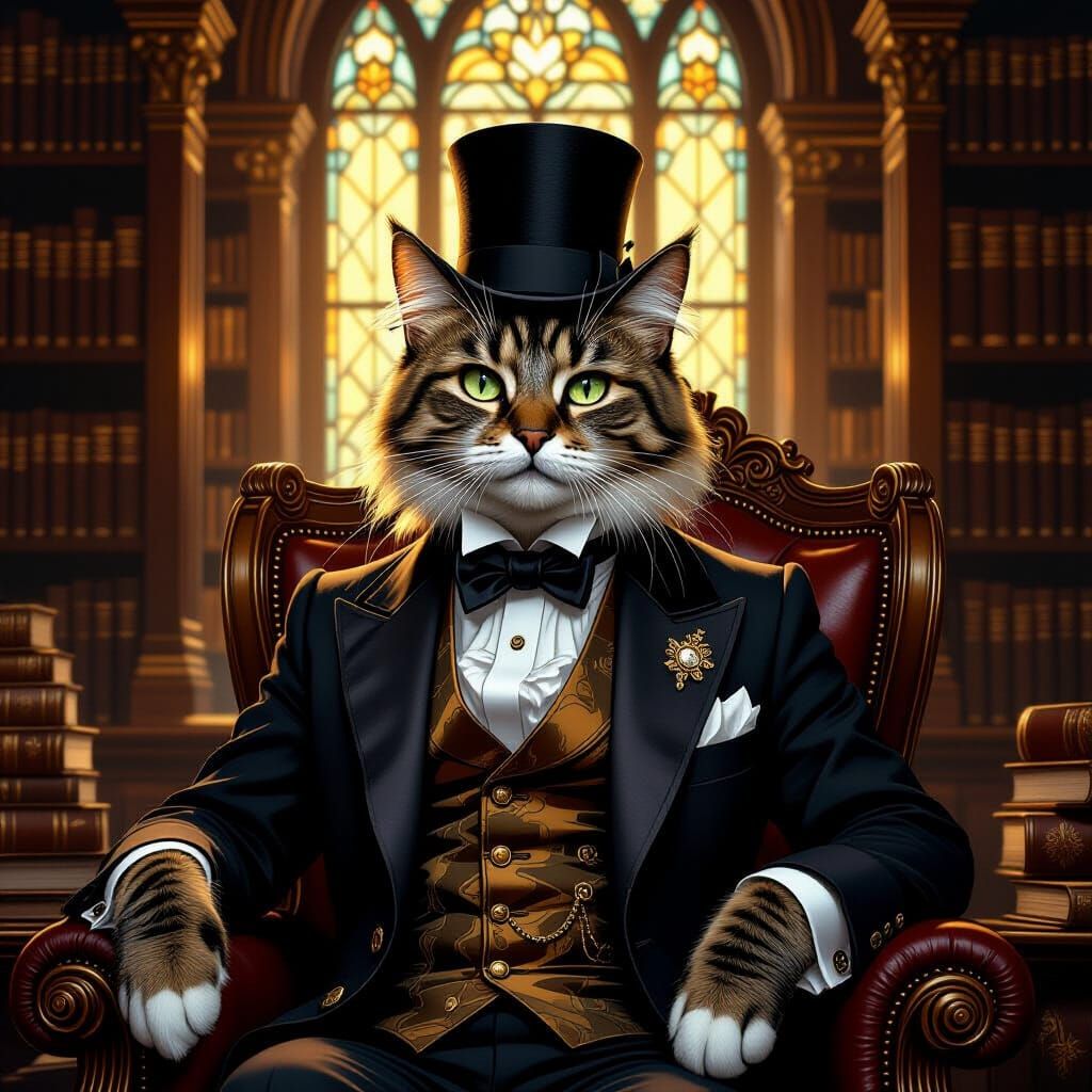 Regal Cat in Library: Hyperrealistic Digital Art