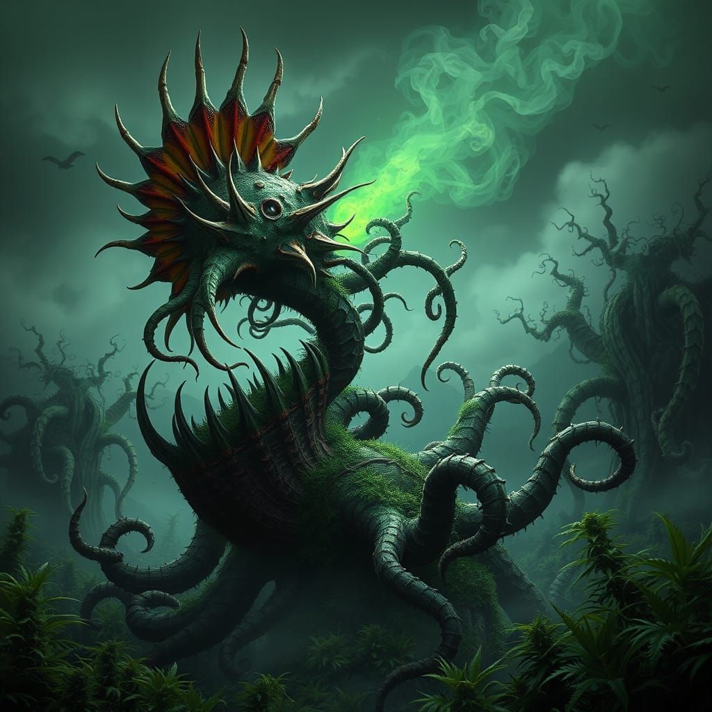 A  carnivorous plant, resembling a fusion of a Venus flytrap crossed with the most pungent cannabis plant that draws all...